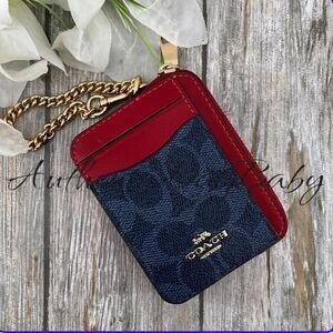 Authentic Coach Zip Card Case In Signature Canvas With Varsity Print Wallet Bag